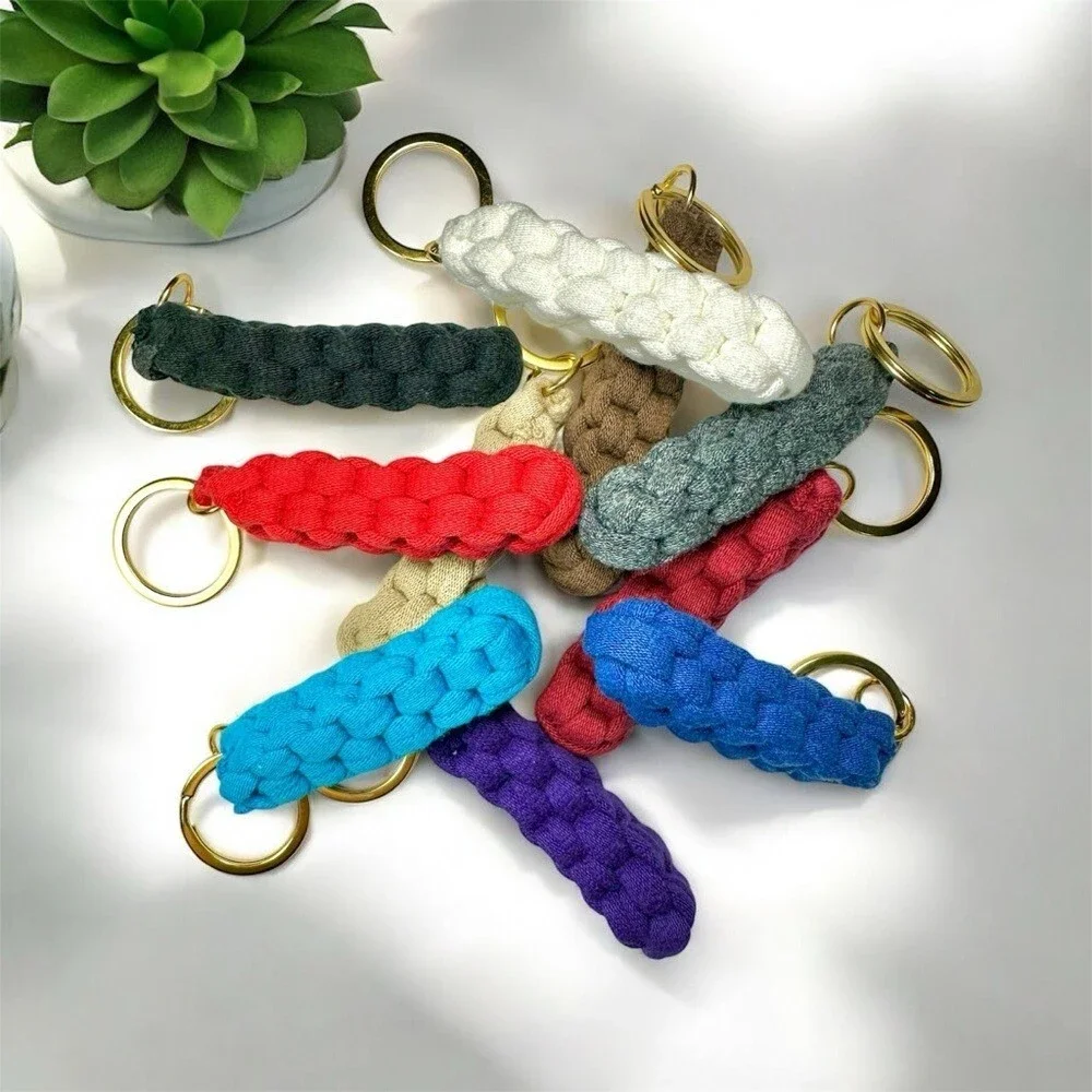 Tan Box Knot Keychain Gold Ring Braided T-Shirt Yarn Macrame Nautical Lanyard